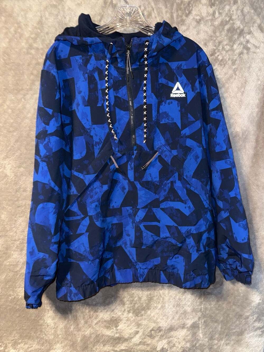 Reebok Men's Size Large Blue Geometric Print Half-Zip Hooded Anorak Jacket